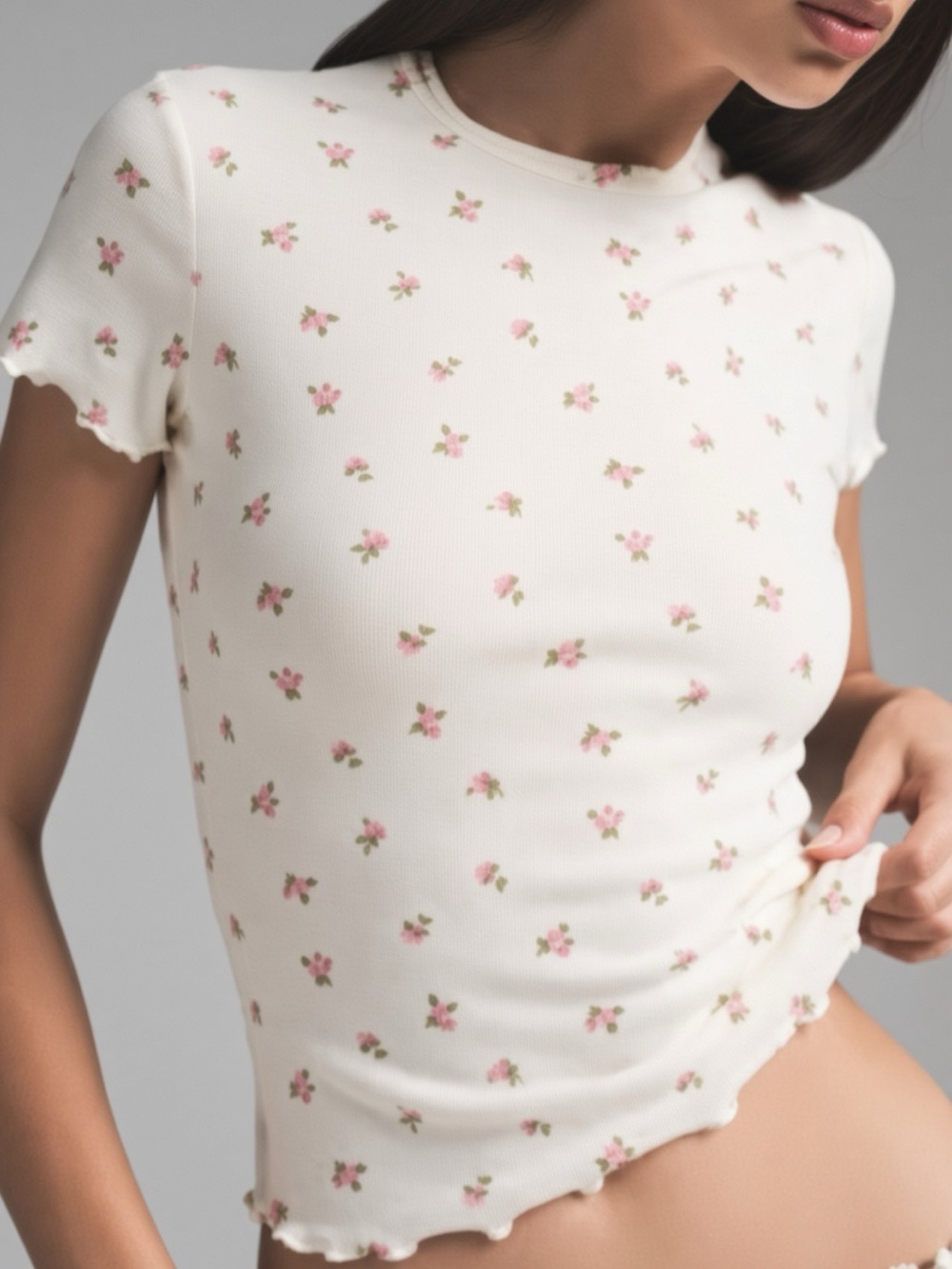 SKIMS Pointelle T-Shirt | Marble Pink Rosebud Print | S | NWT 🌸💕